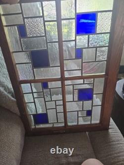 Vntg Geometric Leaded Stained Glass Window Panel Architectural Salvage Wood Fram