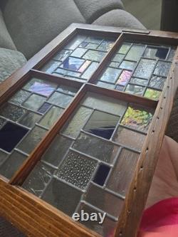 Vntg Geometric Leaded Stained Glass Window Panel Architectural Salvage Wood Fram