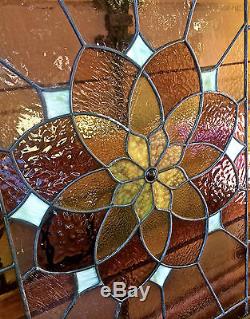 Vntg LARGE WOOD FRAMED Stained Glass Panel Window BEAUTY! 39 x 26 3/8 x 1 1/2