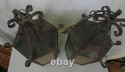 Vtg 25 Swag Hanging Light Wrought Iron & 6 panel stained glass Spanish style