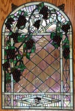 Vtg 29 large stained glass grape vine window panel purple green Iridescent wine