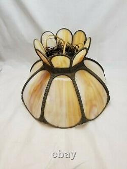Vtg Arts & Crafts 8 Panel Bent Slag Stained Glass Lamp Shade Beautiful Condition
