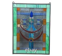 Vtg Arts & Crafts Clear Green Blue Leaded Stained Glass Hanging Window Panel 26