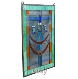 Vtg Arts & Crafts Clear Green Blue Leaded Stained Glass Hanging Window Panel 26