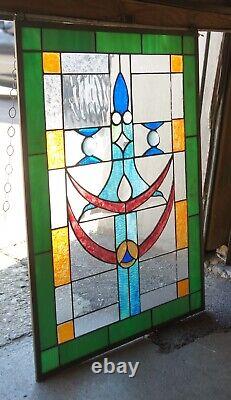 Vtg Arts & Crafts Clear Green Blue Leaded Stained Glass Hanging Window Panel 26