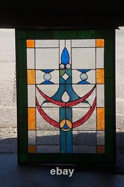 Vtg Arts & Crafts Clear Green Blue Leaded Stained Glass Hanging Window Panel 26