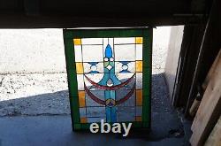 Vtg Arts & Crafts Clear Green Blue Leaded Stained Glass Hanging Window Panel 26