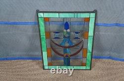 Vtg Arts & Crafts Clear Green Blue Leaded Stained Glass Hanging Window Panel 26