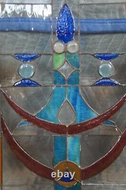 Vtg Arts & Crafts Clear Green Blue Leaded Stained Glass Hanging Window Panel 26