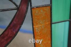 Vtg Arts & Crafts Clear Green Blue Leaded Stained Glass Hanging Window Panel 26