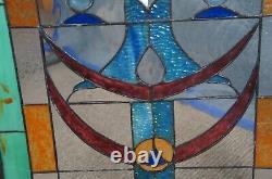 Vtg Arts & Crafts Clear Green Blue Leaded Stained Glass Hanging Window Panel 26