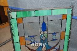 Vtg Arts & Crafts Clear Green Blue Leaded Stained Glass Hanging Window Panel 26
