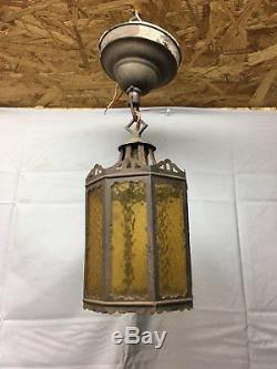Vtg Arts Crafts Copper Fixture Stained Glass Panels Porch Ceiling Light 600-17E