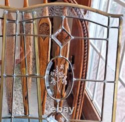Vtg Brass Leaded Beveled Clear Stained Glass Arched Window Panel Etched PAIR SET