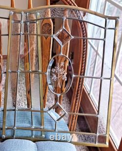 Vtg Brass Leaded Beveled Clear Stained Glass Arched Window Panel Etched PAIR SET