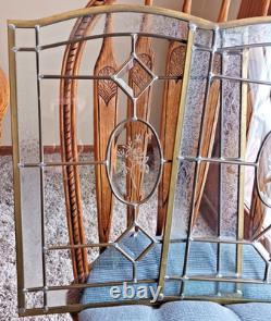 Vtg Brass Leaded Beveled Clear Stained Glass Arched Window Panel Etched PAIR SET