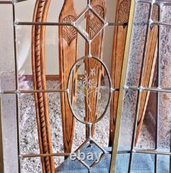 Vtg Brass Leaded Beveled Clear Stained Glass Arched Window Panel Etched PAIR SET