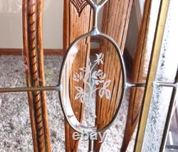 Vtg Brass Leaded Beveled Clear Stained Glass Arched Window Panel Etched PAIR SET