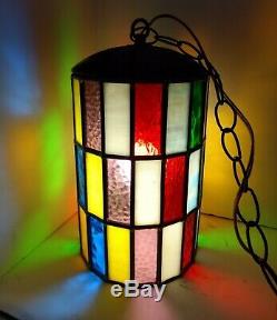 Vtg Mod Swag Lamp 48 Stained&slag Glass Panels Leaded Hanging Light MID Century