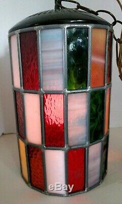 Vtg Mod Swag Lamp 48 Stained&slag Glass Panels Leaded Hanging Light MID Century