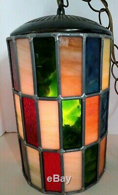 Vtg Mod Swag Lamp 48 Stained&slag Glass Panels Leaded Hanging Light MID Century