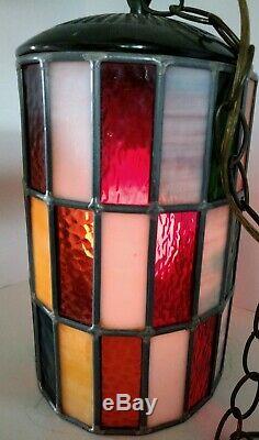 Vtg Mod Swag Lamp 48 Stained&slag Glass Panels Leaded Hanging Light MID Century