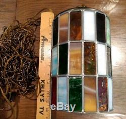 Vtg Mod Swag Lamp 48 Stained&slag Glass Panels Leaded Hanging Light MID Century