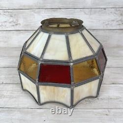Vtg Stained Glass Hanging Lamp Shade Ceiling Amber Ivory Red 10 Panel 9.5W 7H