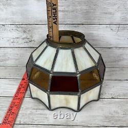 Vtg Stained Glass Hanging Lamp Shade Ceiling Amber Ivory Red 10 Panel 9.5W 7H