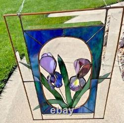 Vtg Tiffany Style Stained Glass Window Panel 3D Iris Flowers 11 x 16 1/8 Read