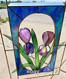 Vtg Tiffany Style Stained Glass Window Panel 3D Iris Flowers 11 x 16 1/8 Read