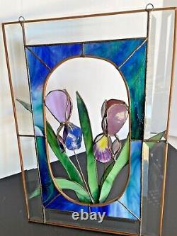 Vtg Tiffany Style Stained Glass Window Panel 3D Iris Flowers 11 x 16 1/8 Read