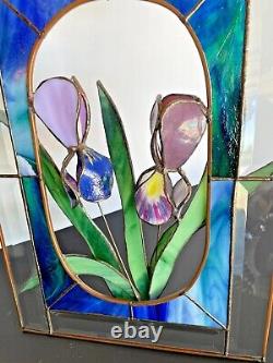 Vtg Tiffany Style Stained Glass Window Panel 3D Iris Flowers 11 x 16 1/8 Read
