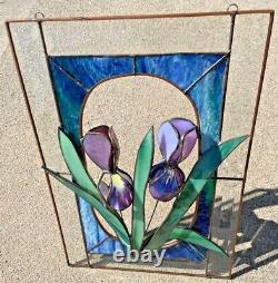 Vtg Tiffany Style Stained Glass Window Panel 3D Iris Flowers 11 x 16 1/8 Read
