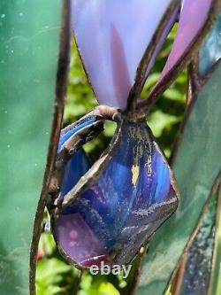 Vtg Tiffany Style Stained Glass Window Panel 3D Iris Flowers 11 x 16 1/8 Read