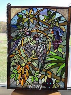 Vtg Tiffany Style Stained Glass Window Panel 3D Macaw Parrot Bird 24X 18 Read