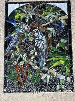 Vtg Tiffany Style Stained Glass Window Panel 3D Macaw Parrot Bird 24X 18 Read