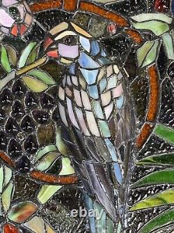 Vtg Tiffany Style Stained Glass Window Panel 3D Macaw Parrot Bird 24X 18 Read