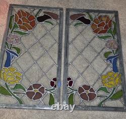 Vtg hTF Pair Stained Glass Window Panels Art Nouveau Lead Glass FlowersColorful