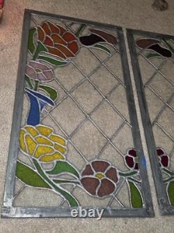 Vtg hTF Pair Stained Glass Window Panels Art Nouveau Lead Glass FlowersColorful