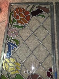 Vtg hTF Pair Stained Glass Window Panels Art Nouveau Lead Glass FlowersColorful