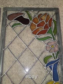 Vtg hTF Pair Stained Glass Window Panels Art Nouveau Lead Glass FlowersColorful