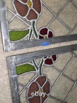 Vtg hTF Pair Stained Glass Window Panels Art Nouveau Lead Glass FlowersColorful