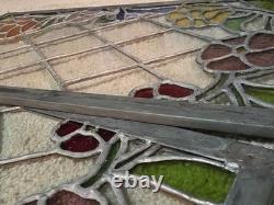 Vtg hTF Pair Stained Glass Window Panels Art Nouveau Lead Glass FlowersColorful