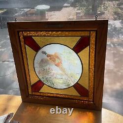 Vtg mid century stained glass leaded window panel Multicolor Flying Bird, signed