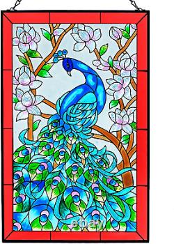 W10 Xh15 Peacock Art Glass Suncatcher Hand Painted Stained Glass Panel Hangings