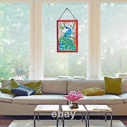 W10 Xh15 Peacock Art Glass Suncatcher Hand Painted Stained Glass Panel Hangings