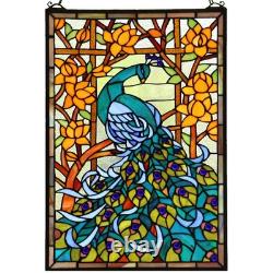 W10011 Peacock Tiffany Style Stained Glass Window Panel Hangings with Chain