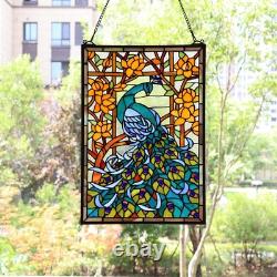 W10011 Peacock Tiffany Style Stained Glass Window Panel Hangings with Chain