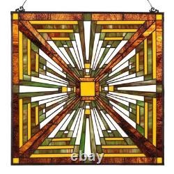 W10023 Mission Tiffany Style Stained Glass Window Panel with Chain, 24-inch W